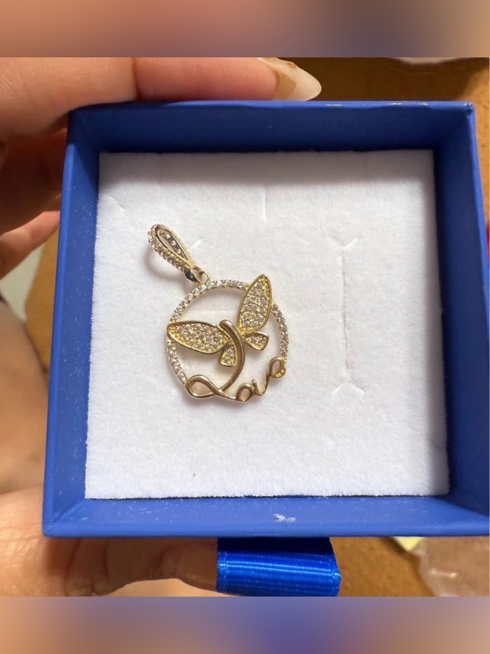 14 k Gold Butterfly 'Love' Pendant with Diamonds Accents